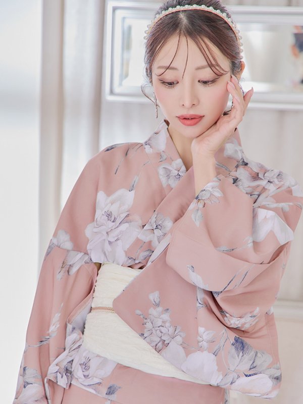 画像21: 【即日発送】大人スウィート/くすみピンク椿浴衣 【浴衣３点セット 浴衣/帯/下駄】[YMT] (21)