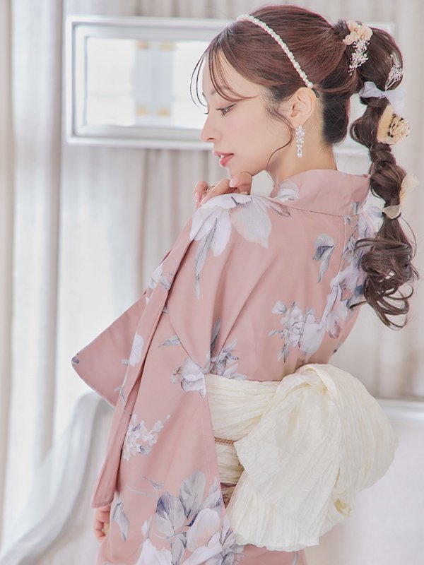 画像22: 【即日発送】大人スウィート/くすみピンク椿浴衣 【浴衣３点セット 浴衣/帯/下駄】[YMT] (22)