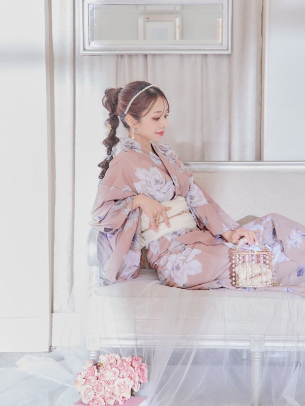 画像26: 【即日発送】大人スウィート/くすみピンク椿浴衣 【浴衣３点セット 浴衣/帯/下駄】[YMT] (26)