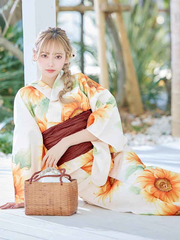 画像11: 【即日発送】【浴衣】アイボリー×ひまわりストライプ柄浴衣 向日葵 【浴衣３点セット 浴衣/帯/下駄】[FB02] (11)