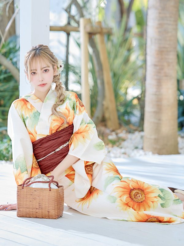 画像9: 【即日発送】【浴衣】アイボリー×ひまわりストライプ柄浴衣 向日葵 【浴衣３点セット 浴衣/帯/下駄】[FB02] (9)