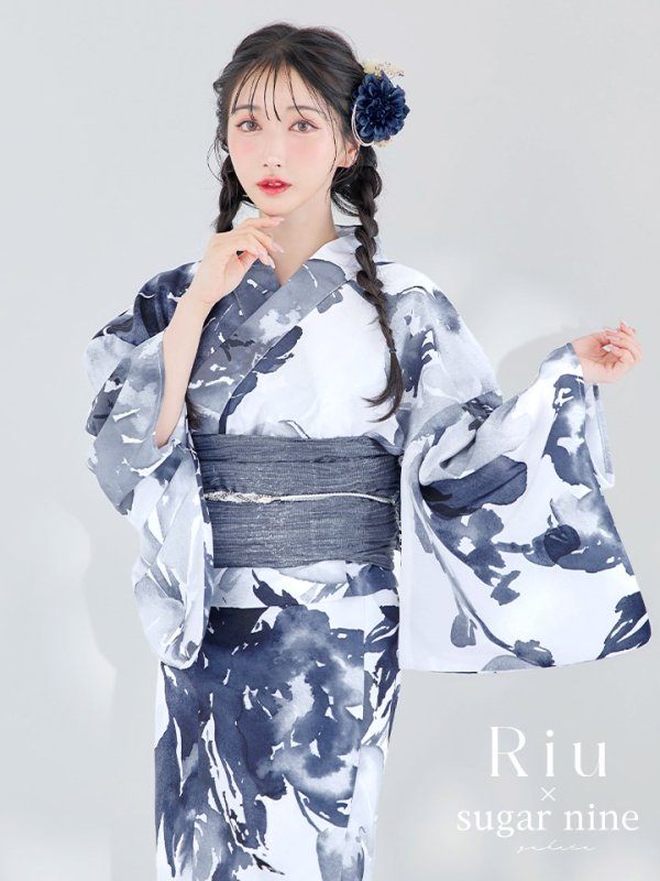 画像2: 【即日発送】Riuコラボ 水彩グラデーション椿浴衣【浴衣３点セット 浴衣/帯/下駄】[YMT] (2)