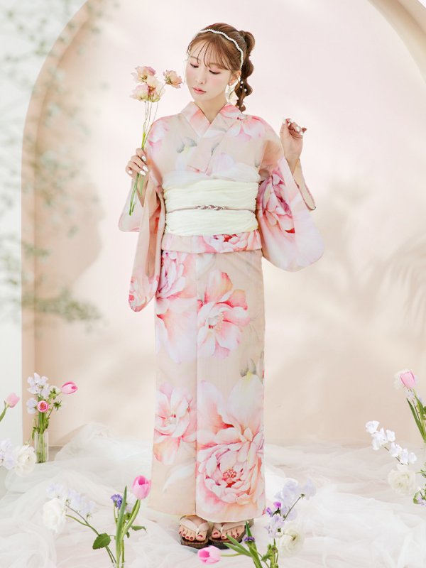 画像4: 【即日発送！】くすみピンクスウィート牡丹浴衣【浴衣３点セット 浴衣/帯/下駄】[YMT] (4)