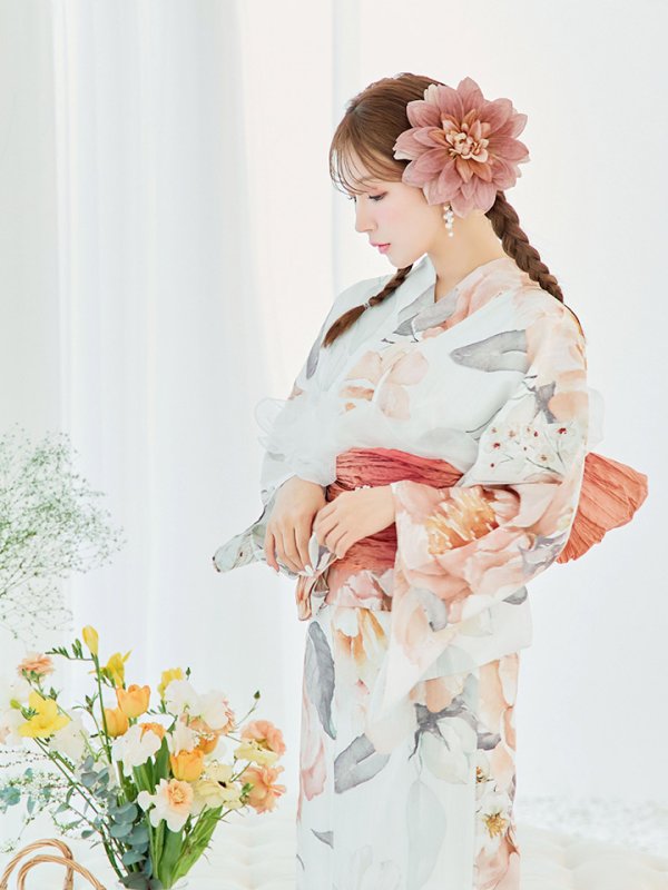 画像12: 【即日発送】アプリコットピンク牡丹浴衣【浴衣３点セット 浴衣/帯/下駄】[YMT] (12)