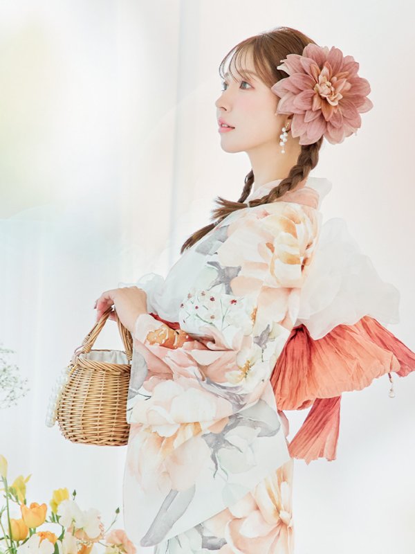 画像2: 【即日発送】アプリコットピンク牡丹浴衣【浴衣３点セット 浴衣/帯/下駄】[YMT] (2)