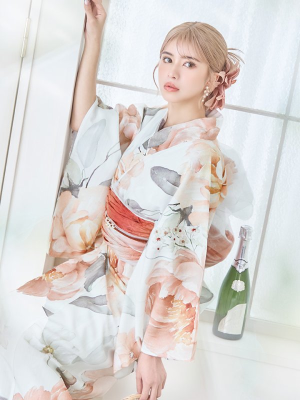 画像12: 【即日発送】アプリコットピンク牡丹浴衣【浴衣３点セット 浴衣/帯/下駄】[YMT] (12)