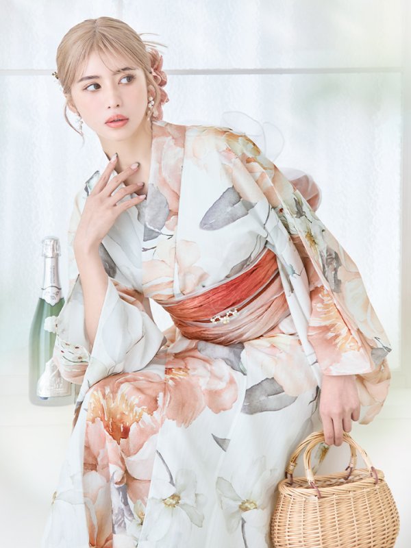 画像14: 【即日発送】アプリコットピンク牡丹浴衣【浴衣３点セット 浴衣/帯/下駄】[YMT] (14)