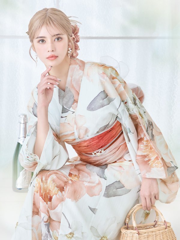 画像15: 【即日発送】アプリコットピンク牡丹浴衣【浴衣３点セット 浴衣/帯/下駄】[YMT] (15)