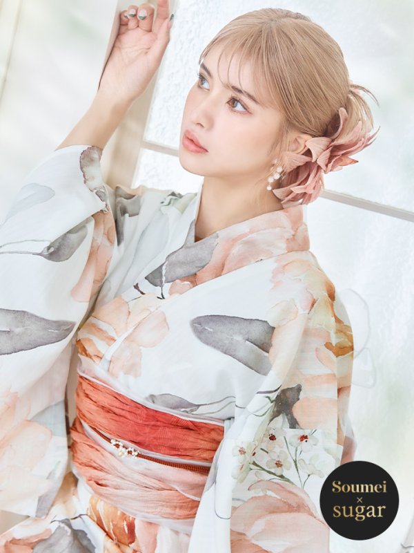 画像2: 【即日発送】アプリコットピンク牡丹浴衣【浴衣３点セット 浴衣/帯/下駄】[YMT] (2)