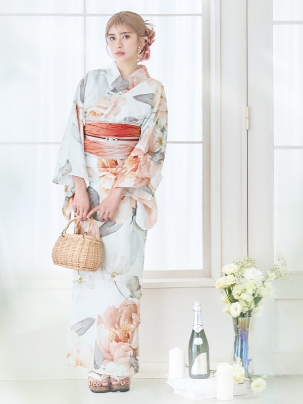 画像4: 【即日発送】アプリコットピンク牡丹浴衣【浴衣３点セット 浴衣/帯/下駄】[YMT] (4)