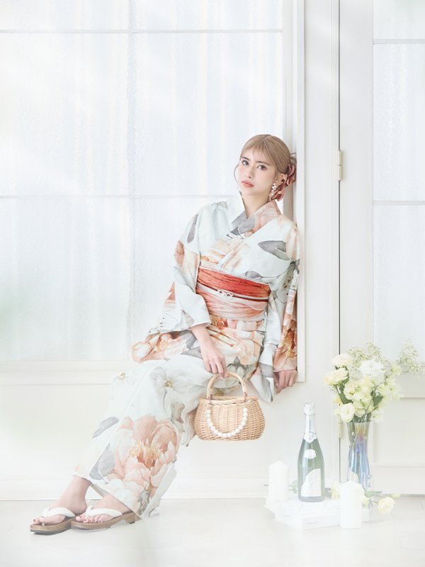 画像6: 【即日発送】アプリコットピンク牡丹浴衣【浴衣３点セット 浴衣/帯/下駄】[YMT] (6)