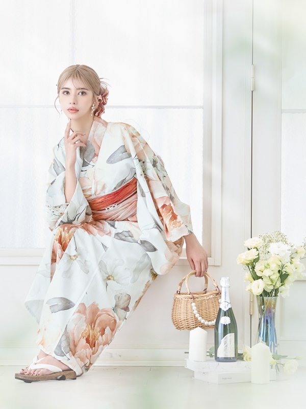 画像8: 【即日発送】アプリコットピンク牡丹浴衣【浴衣３点セット 浴衣/帯/下駄】[YMT] (8)