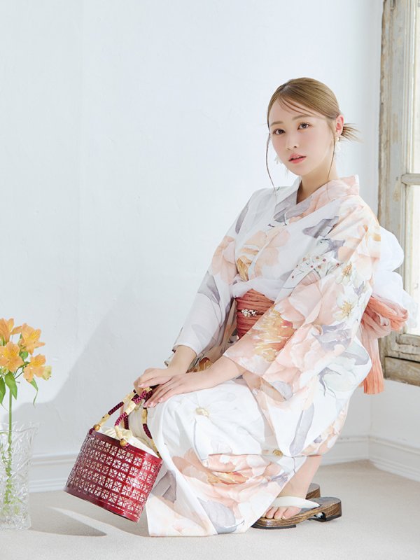 画像12: 【即日発送】アプリコットピンク牡丹浴衣【浴衣３点セット 浴衣/帯/下駄】[YMT] (12)