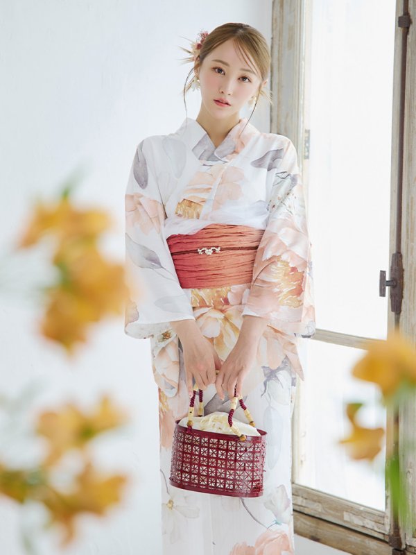 画像2: 【即日発送】アプリコットピンク牡丹浴衣【浴衣３点セット 浴衣/帯/下駄】[YMT] (2)