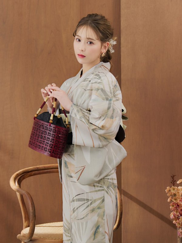 画像10: 【浴衣セール】【即日発送】ヘルシーリーフ柄ベージュ浴衣【浴衣３点セット 浴衣/帯/下駄】[YMT] (10)