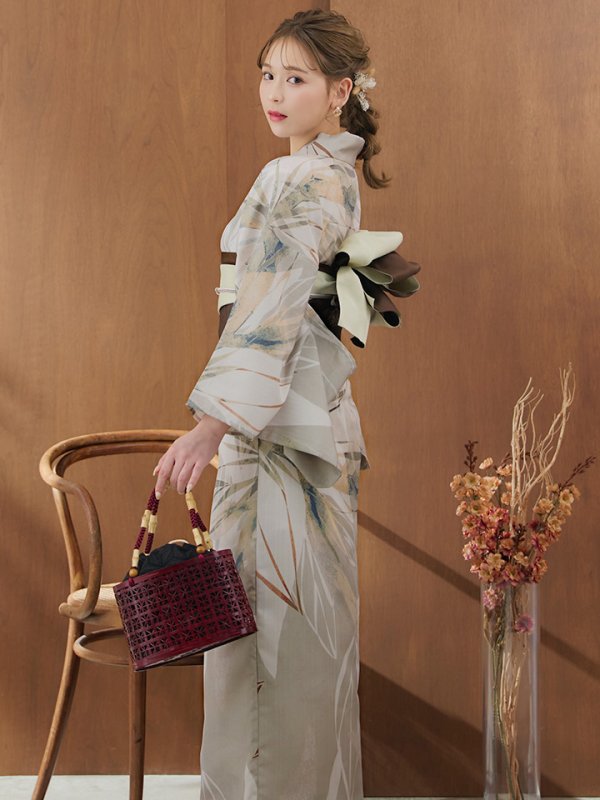 画像12: 【浴衣セール】【即日発送】ヘルシーリーフ柄ベージュ浴衣【浴衣３点セット 浴衣/帯/下駄】[YMT] (12)