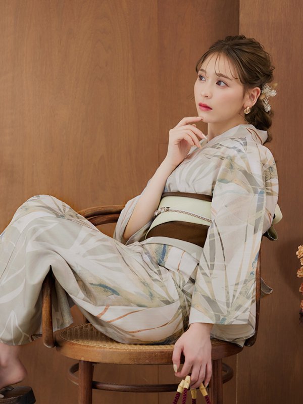 画像13: 【浴衣セール】【即日発送】ヘルシーリーフ柄ベージュ浴衣【浴衣３点セット 浴衣/帯/下駄】[YMT] (13)