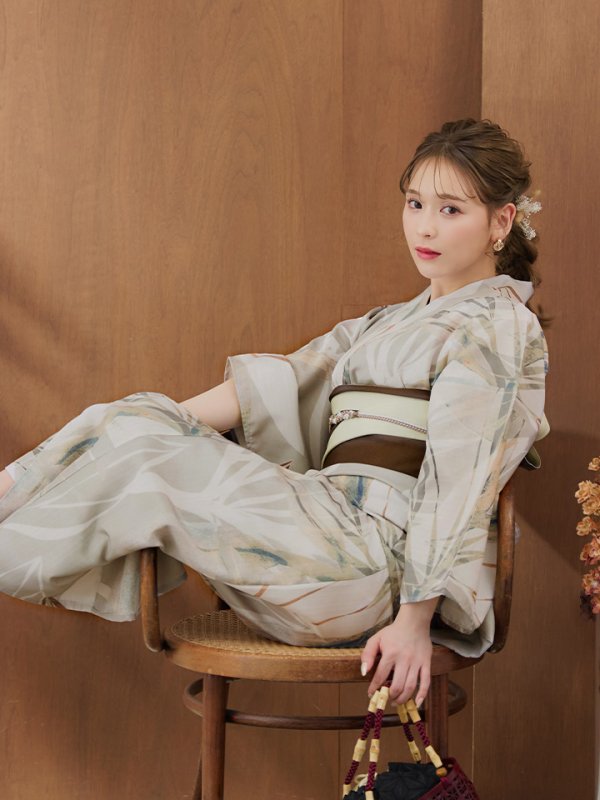 画像15: 【浴衣セール】【即日発送】ヘルシーリーフ柄ベージュ浴衣【浴衣３点セット 浴衣/帯/下駄】[YMT] (15)