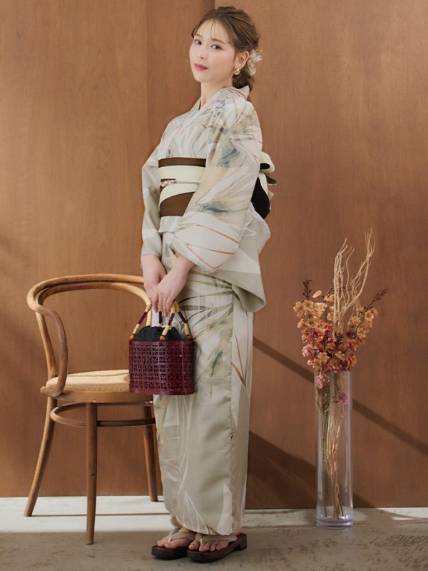 画像16: 【浴衣セール】【即日発送】ヘルシーリーフ柄ベージュ浴衣【浴衣３点セット 浴衣/帯/下駄】[YMT] (16)