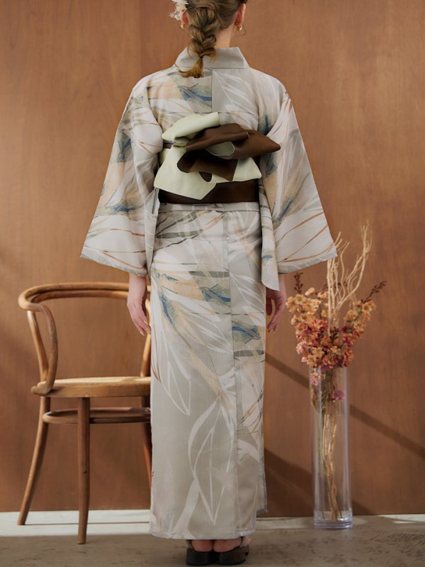 画像17: 【浴衣セール】【即日発送】ヘルシーリーフ柄ベージュ浴衣【浴衣３点セット 浴衣/帯/下駄】[YMT] (17)