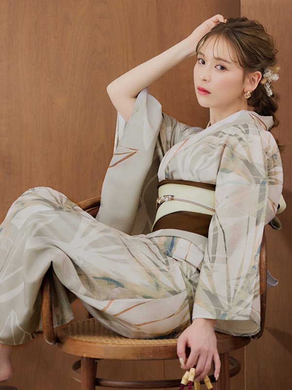 画像5: 【浴衣セール】【即日発送】ヘルシーリーフ柄ベージュ浴衣【浴衣３点セット 浴衣/帯/下駄】[YMT] (5)