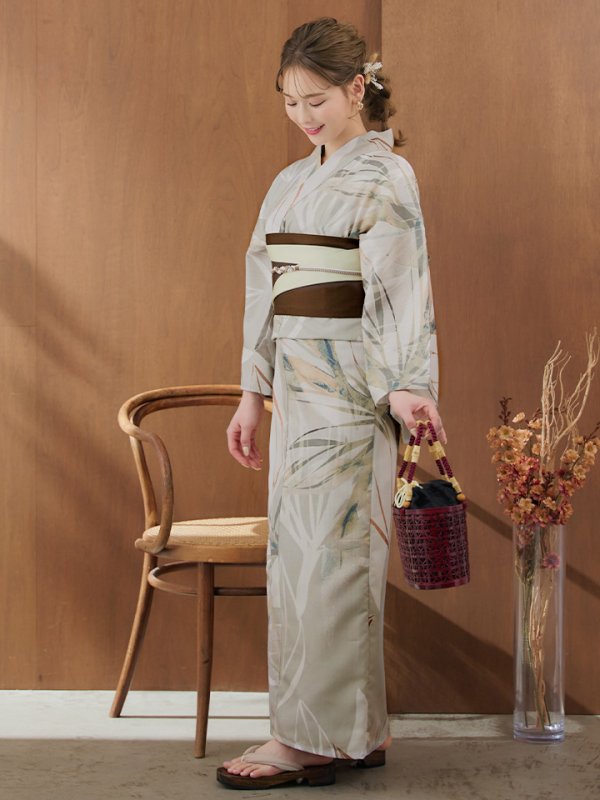 画像8: 【浴衣セール】【即日発送】ヘルシーリーフ柄ベージュ浴衣【浴衣３点セット 浴衣/帯/下駄】[YMT] (8)