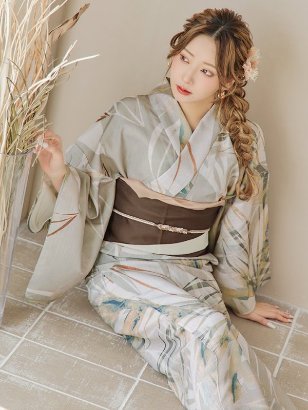 画像11: 【即日発送】【浴衣セール】ヘルシーリーフ柄ベージュ浴衣【浴衣３点セット 浴衣/帯/下駄】[YMT] (11)