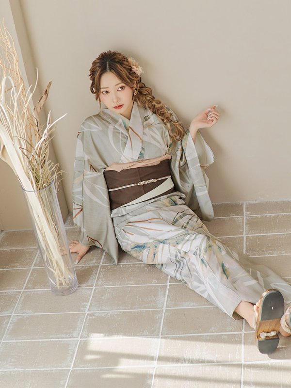 画像13: 【即日発送】【浴衣セール】ヘルシーリーフ柄ベージュ浴衣【浴衣３点セット 浴衣/帯/下駄】[YMT] (13)