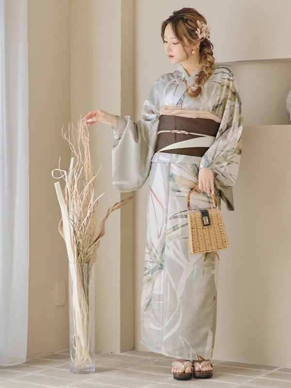 画像14: 【即日発送】【浴衣セール】ヘルシーリーフ柄ベージュ浴衣【浴衣３点セット 浴衣/帯/下駄】[YMT] (14)