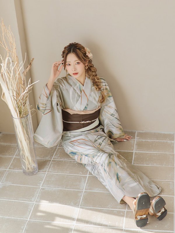 画像17: 【即日発送】【浴衣セール】ヘルシーリーフ柄ベージュ浴衣【浴衣３点セット 浴衣/帯/下駄】[YMT] (17)