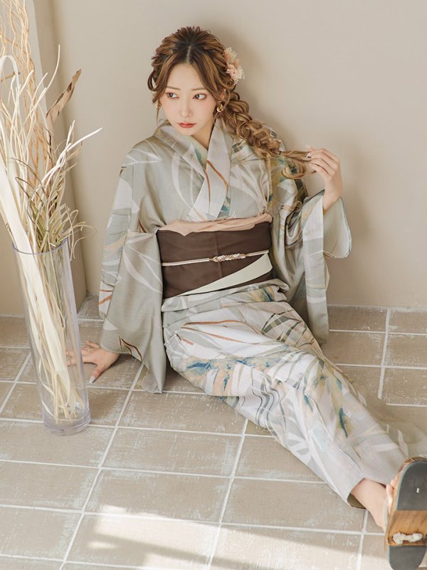 画像3: 【即日発送】【浴衣セール】ヘルシーリーフ柄ベージュ浴衣【浴衣３点セット 浴衣/帯/下駄】[YMT] (3)