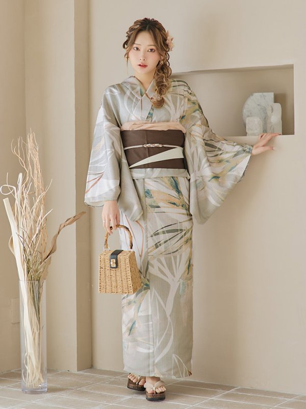 画像4: 【即日発送】【浴衣セール】ヘルシーリーフ柄ベージュ浴衣【浴衣３点セット 浴衣/帯/下駄】[YMT] (4)