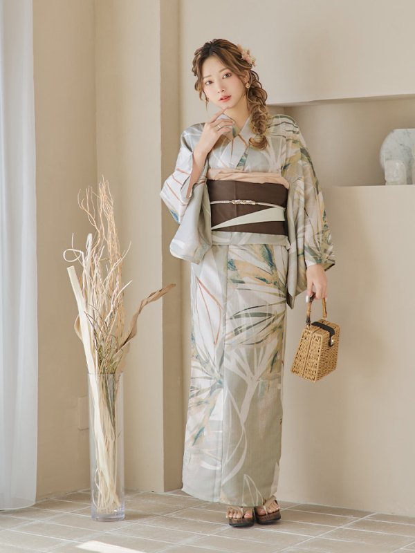 画像7: 【即日発送】【浴衣セール】ヘルシーリーフ柄ベージュ浴衣【浴衣３点セット 浴衣/帯/下駄】[YMT] (7)