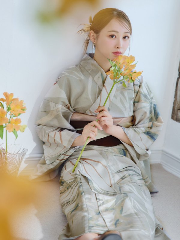 画像13: 【浴衣セール】【即日発送】ヘルシーリーフ柄ベージュ浴衣【浴衣３点セット 浴衣/帯/下駄】[YMT] (13)