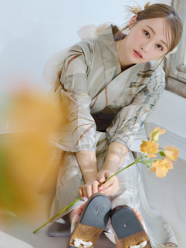 画像14: 【浴衣セール】【即日発送】ヘルシーリーフ柄ベージュ浴衣【浴衣３点セット 浴衣/帯/下駄】[YMT] (14)