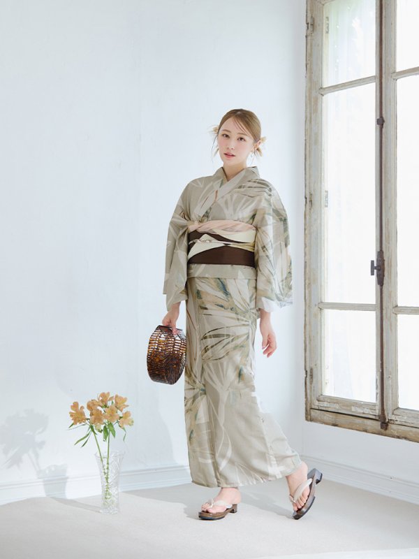画像5: 【浴衣セール】【即日発送】ヘルシーリーフ柄ベージュ浴衣【浴衣３点セット 浴衣/帯/下駄】[YMT] (5)