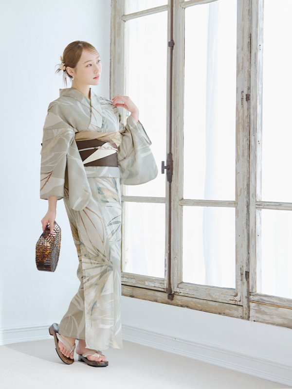 画像7: 【浴衣セール】【即日発送】ヘルシーリーフ柄ベージュ浴衣【浴衣３点セット 浴衣/帯/下駄】[YMT] (7)