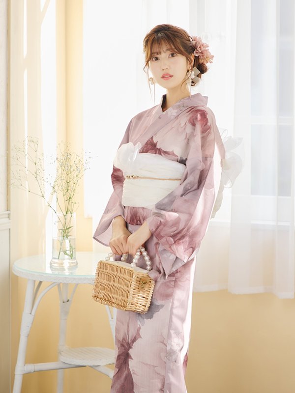 画像2: 【即日発送】アンティークフラワーピンク浴衣【浴衣３点セット 浴衣/帯/下駄】[YMT] (2)
