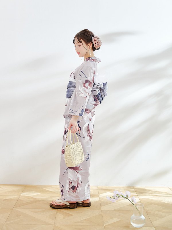 画像10: 【浴衣セール！】ロマンティックピオニー浴衣【浴衣３点セット 浴衣/帯/下駄】OBI-g-500-kj-8-GY / HIMO-900-yn-4-GYxGY / HEKO-800-sb-5-WH / GETA-01-kj-3-IV/ [YMT] (10)