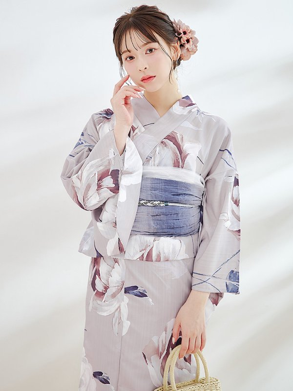 画像3: 【浴衣セール！】ロマンティックピオニー浴衣【浴衣３点セット 浴衣/帯/下駄】OBI-g-500-kj-8-GY / HIMO-900-yn-4-GYxGY / HEKO-800-sb-5-WH / GETA-01-kj-3-IV/ [YMT] (3)