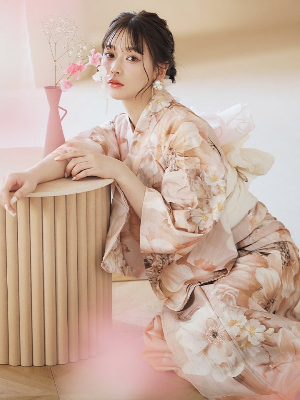 画像2: 【即日発送！】くすみピンクスウィート浴衣【浴衣３点セット 浴衣/帯/下駄】[YMT] (2)