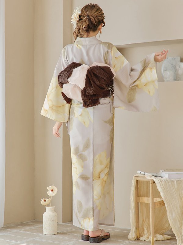 画像19: 【浴衣セール】【即日発送！】グレージュ×イエローフラワー浴衣【浴衣３点セット 浴衣/帯/下駄】[YMT] (19)