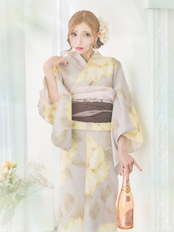 画像12: 【浴衣セール】【即日発送！】グレージュ×イエローフラワー浴衣【浴衣３点セット 浴衣/帯/下駄】[YMT] (12)