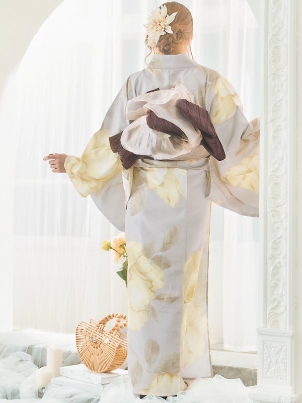 画像16: 【浴衣セール】【即日発送！】グレージュ×イエローフラワー浴衣【浴衣３点セット 浴衣/帯/下駄】[YMT] (16)