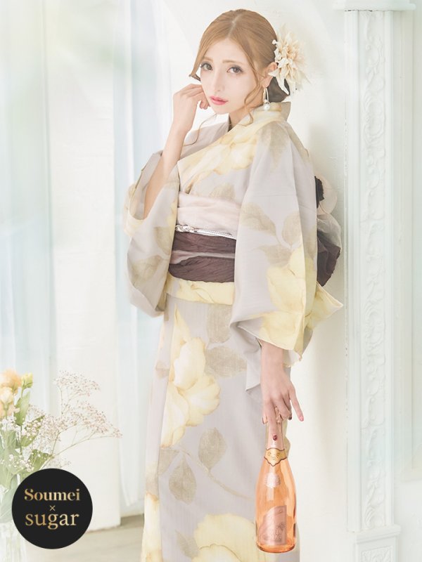 画像2: 【浴衣セール】【即日発送！】グレージュ×イエローフラワー浴衣【浴衣３点セット 浴衣/帯/下駄】[YMT] (2)