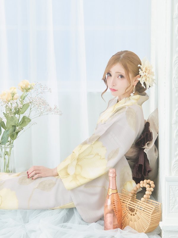 画像7: 【浴衣セール】【即日発送！】グレージュ×イエローフラワー浴衣【浴衣３点セット 浴衣/帯/下駄】[YMT] (7)