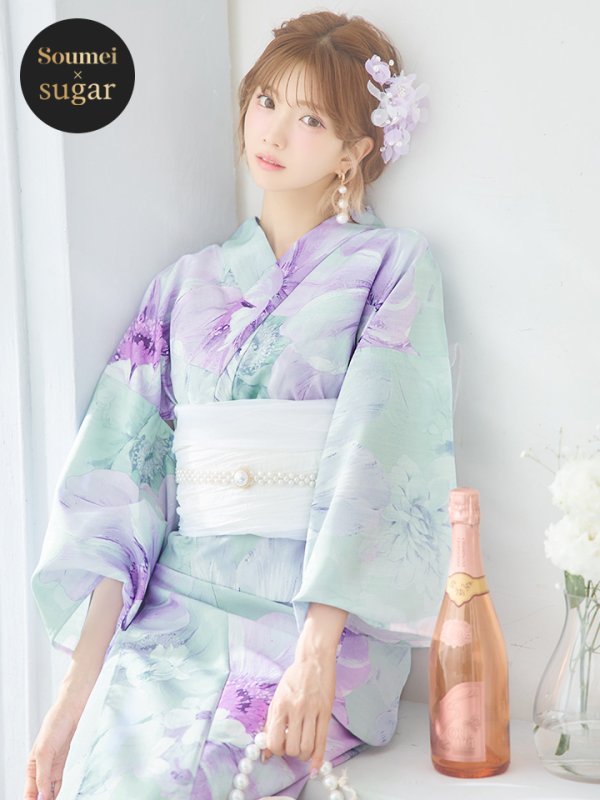 画像10: 【即日発送】ニュアンスフラワーミント牡丹浴衣【浴衣３点セット 浴衣/帯/下駄】[YMT] (10)