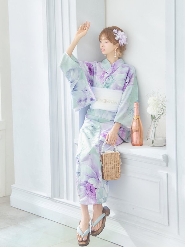 画像3: 【即日発送】ニュアンスフラワーミント牡丹浴衣【浴衣３点セット 浴衣/帯/下駄】[YMT] (3)