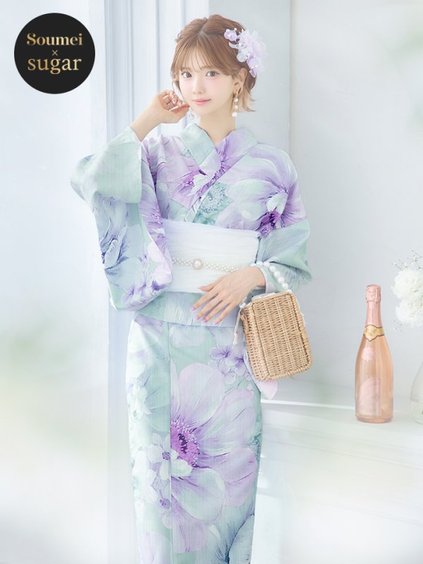 画像4: 【即日発送】ニュアンスフラワーミント牡丹浴衣【浴衣３点セット 浴衣/帯/下駄】[YMT] (4)
