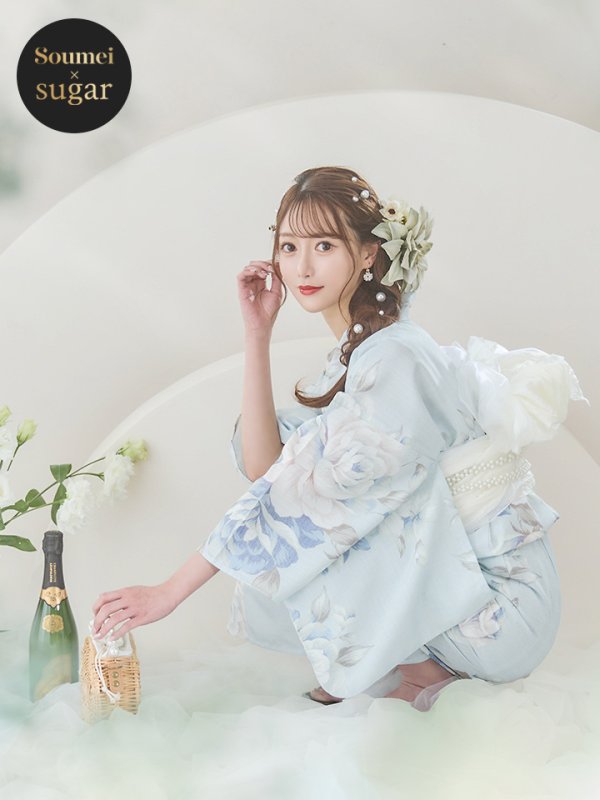 画像2: 【即日発送】クラシカルローズブルー浴衣【浴衣３点セット 浴衣/帯/下駄】[YMT] (2)